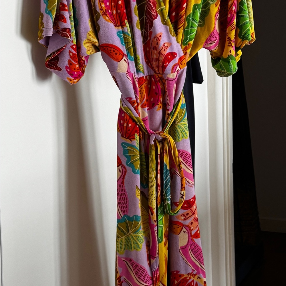 FARM Rio Pink Yellow Tropical Print Midi Wrap Dress - Picture 2 of 8